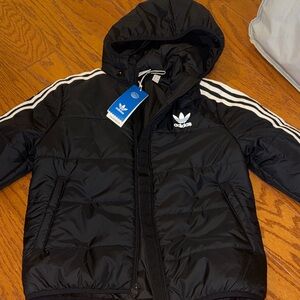 KidsAdidas Black Hooded Jacket with White Stripes